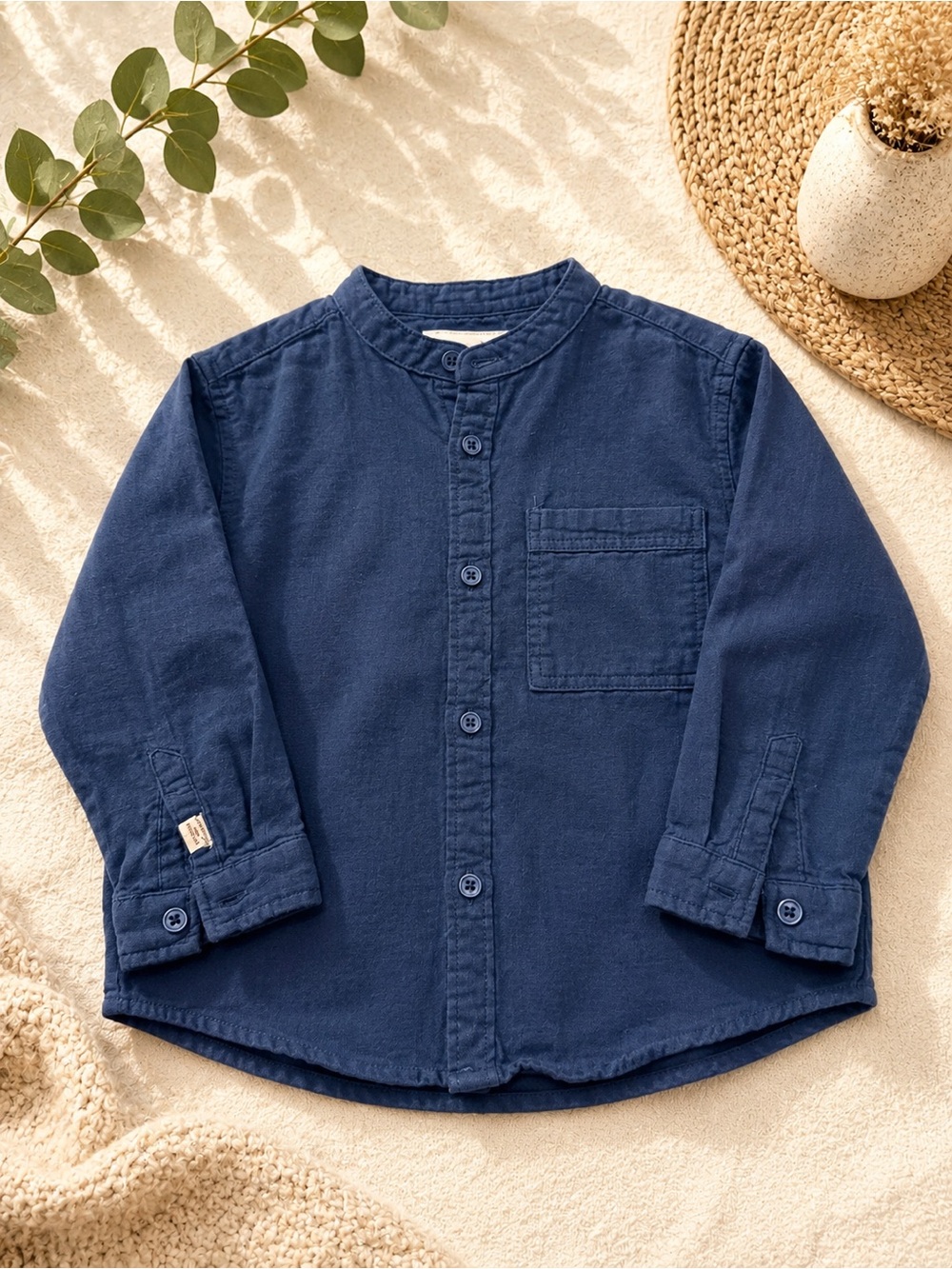 Zara Navy Mandarin-Collar Button Down Shirt